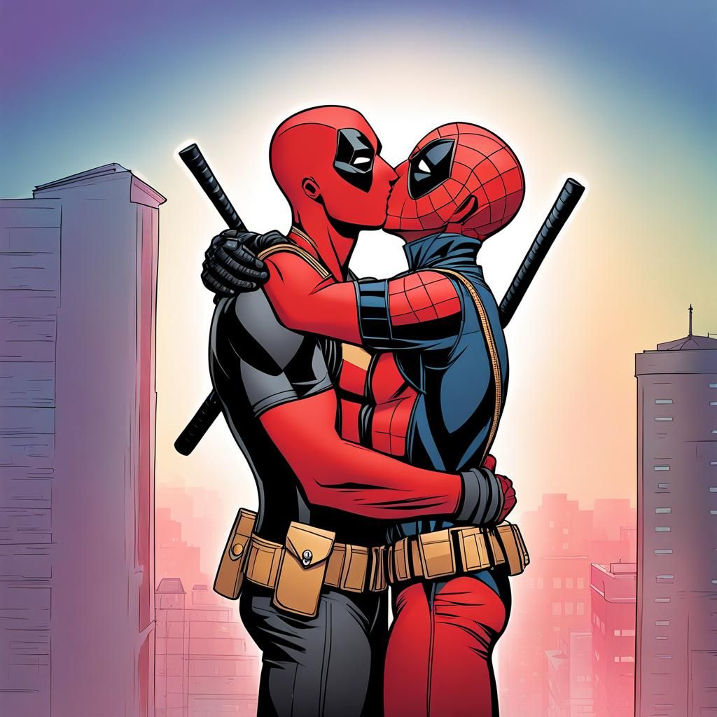 Romantic Kiss Between Two Comic Book Heroes