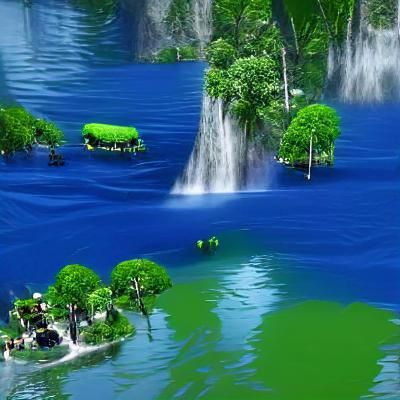 Lush Green Jungle with Blue Lake and Waterfalls