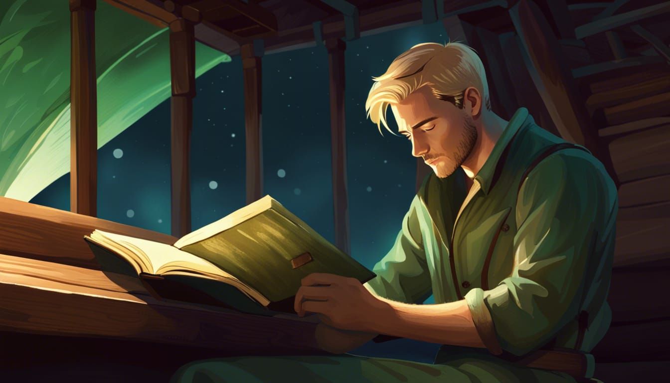 Man Reading on Starship in Science Fiction Illustration