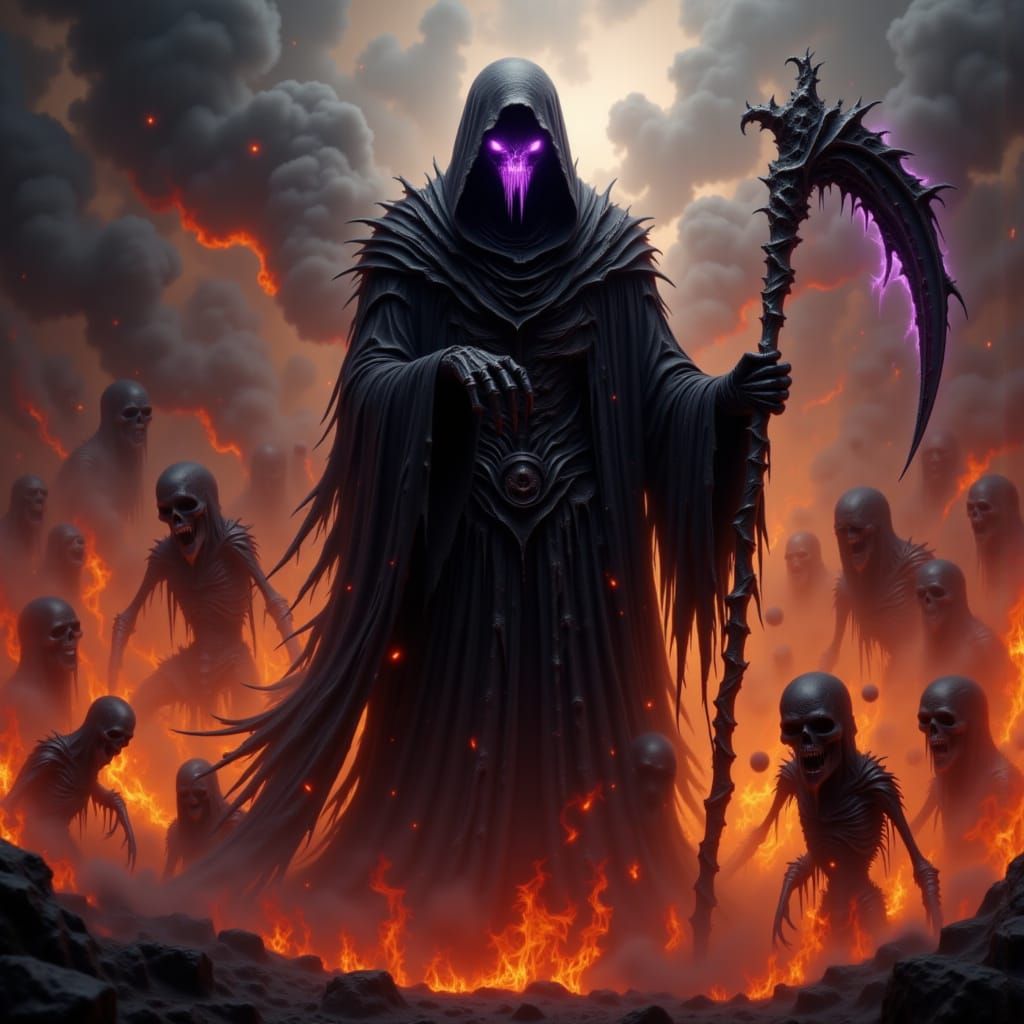 Grim Reaper Defies Inferno with Pulsing Purple Eyes
