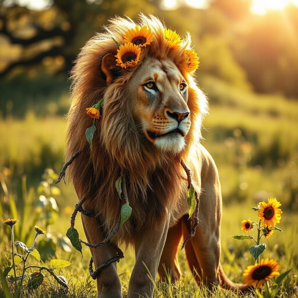 Majestic Lion with Sunflower Mane in Lush Meadow