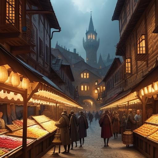 Vibrant Medieval Village Market in Digital Matte Painting