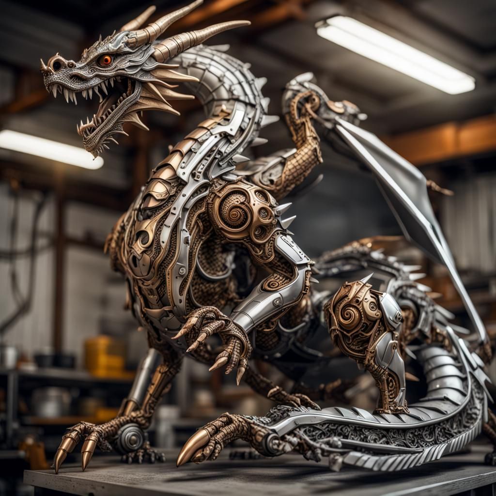 Hyperrealistic Bronze and Silver Robotic Dragon in Workshop