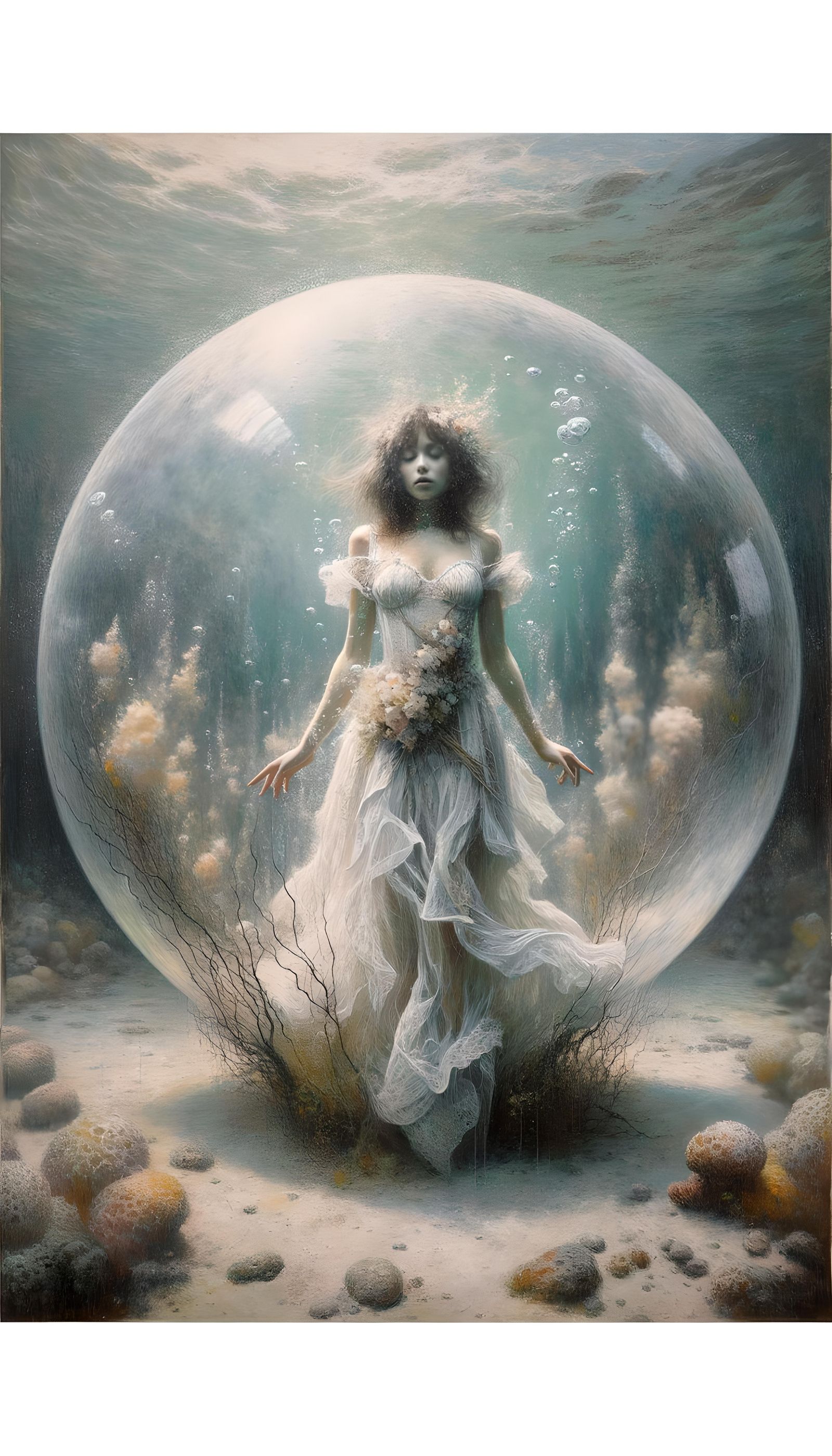 Ethereal Underwater Scene: Woman in Air Bubble