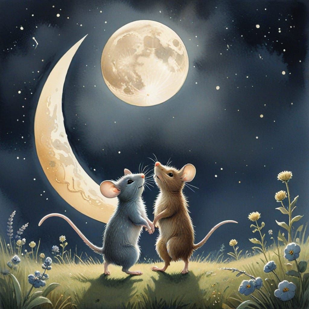 Mice Wave at the Moon in a Dreamy Watercolor Landscape