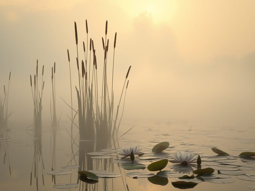 Sunrise Pond Serenity with Cattails and Lilies