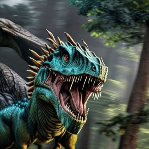 Hyperrealistic Dinosaur in Forest, Dynamic Lighting