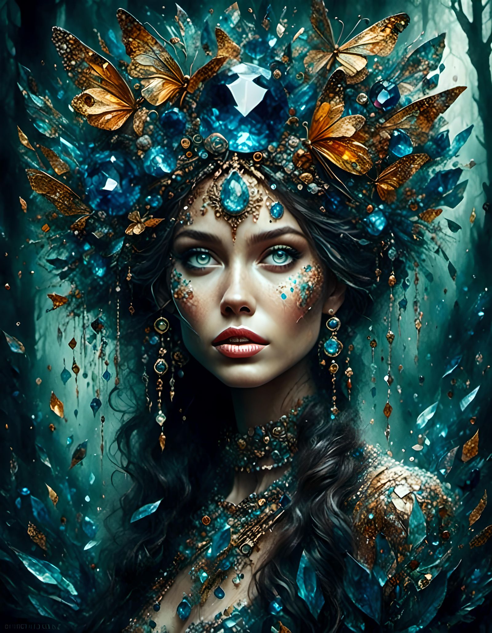 Watercolor Portrait of Woman in Dark Forest