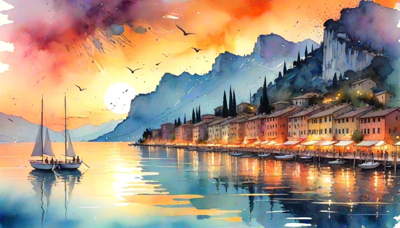 Lake Garda Sunset Reflection in Watercolour Style