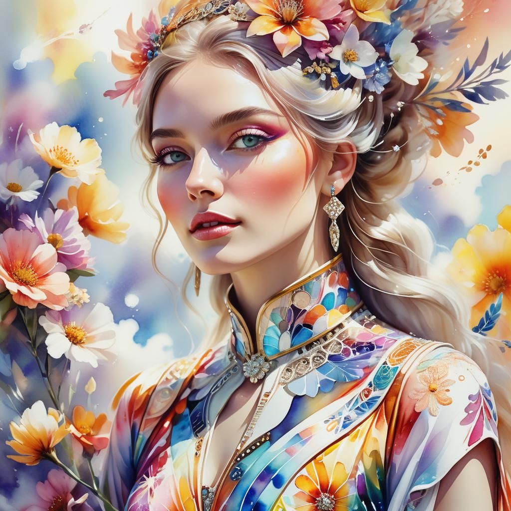 Woman Surrounded by Flowers in Watercolour Style