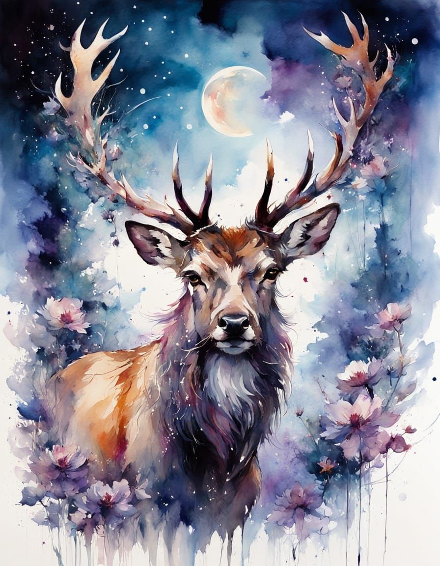 Majestic Stag in Moonlit Glade Under Nebula Sky