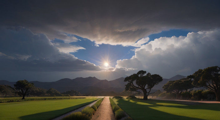 Golden-Hour Waves Meet Chibi Monk in Vibrant Floral Oasis