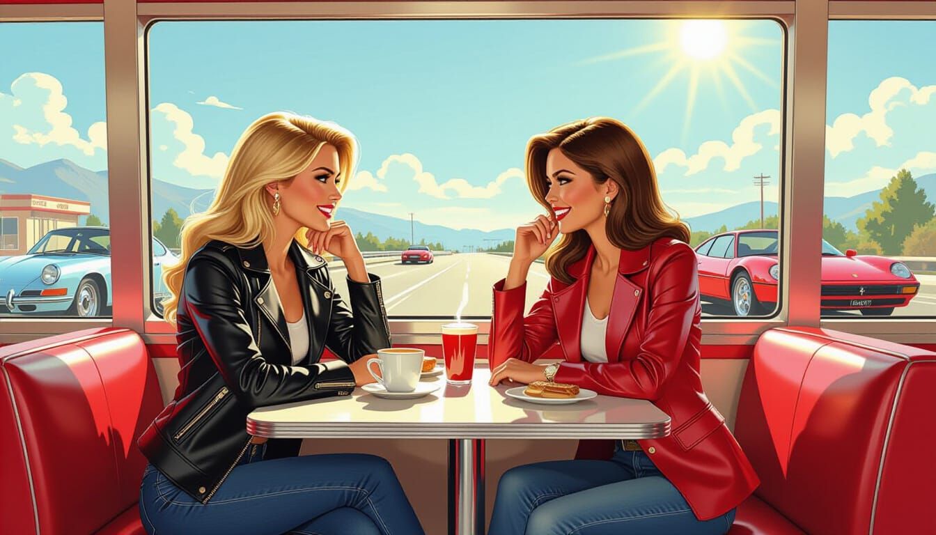 Retro Diner Scene with Stylish Women in Comic Art Style