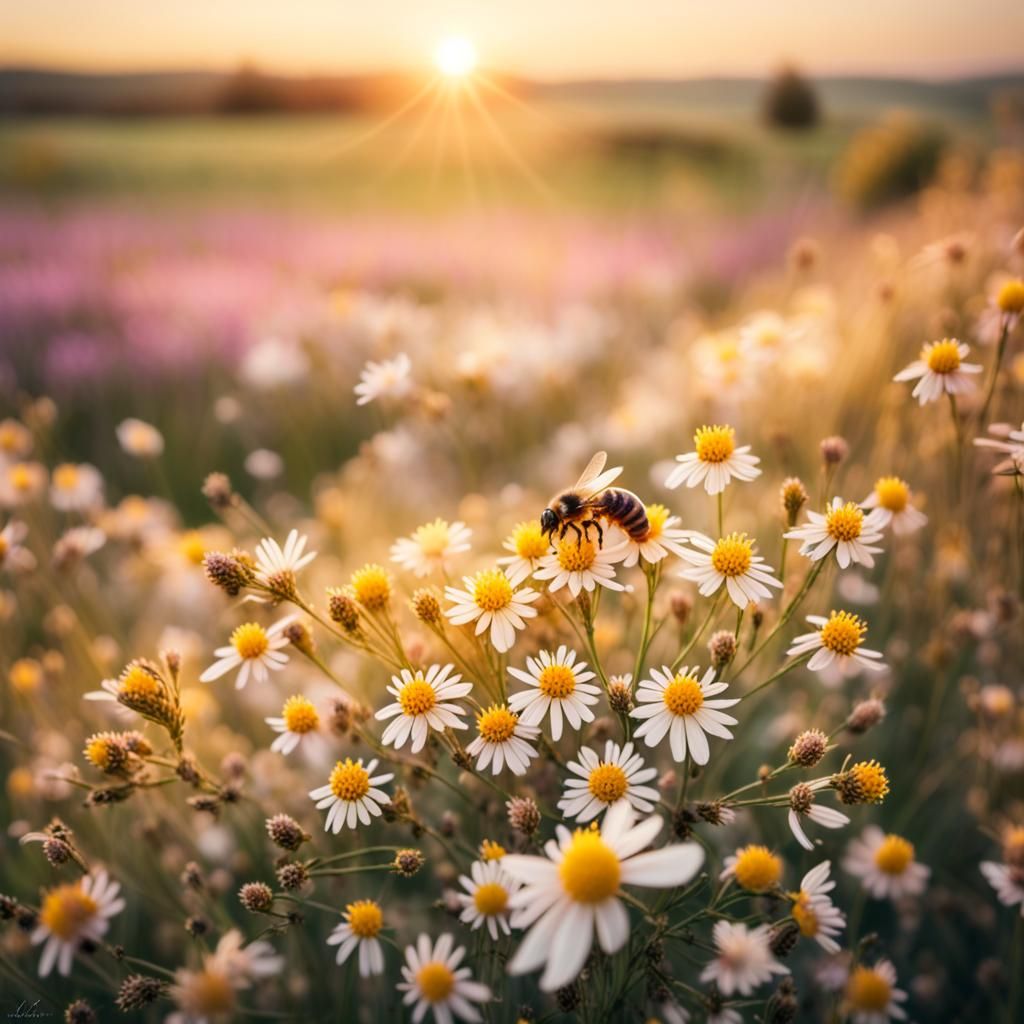 Bee Pollination Scene at Sunset in Photorealistic Style
