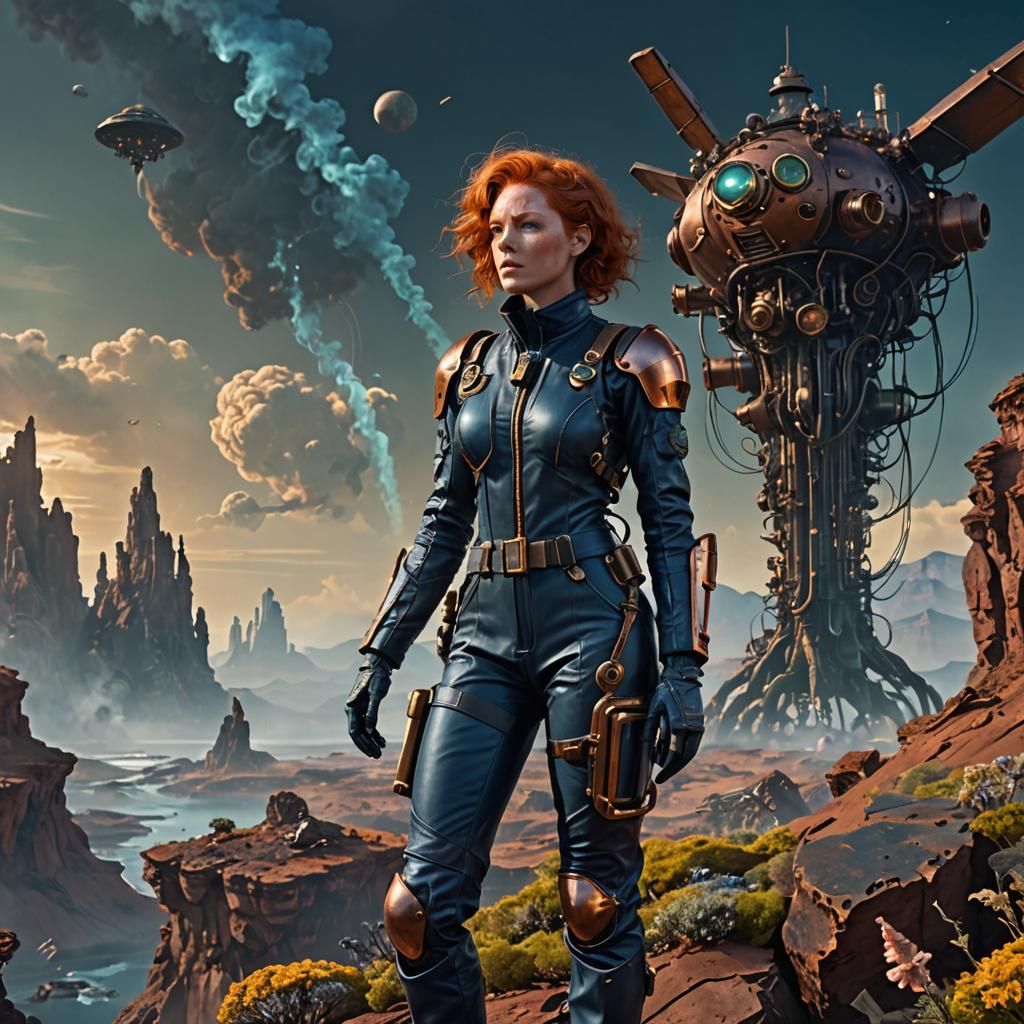 Steampunk Woman on Alien Planet Landscape