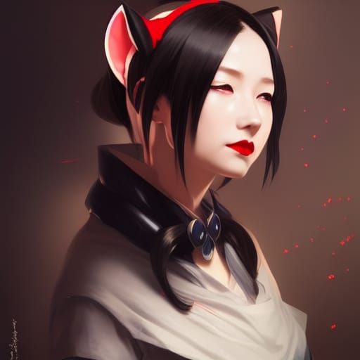 Japanese maid with deep red lipstick and cat ears.