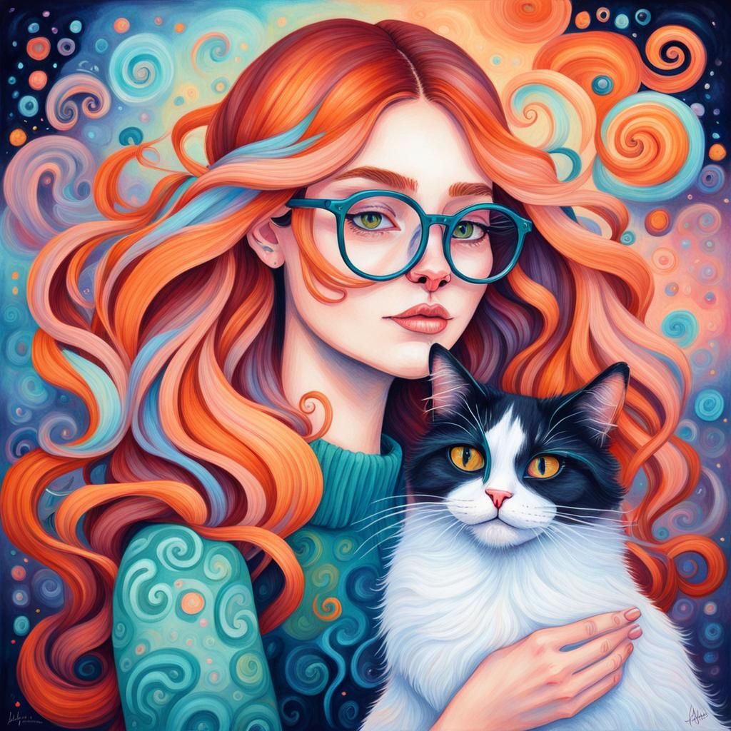 Girl with Cat in Candyland Gouache Style