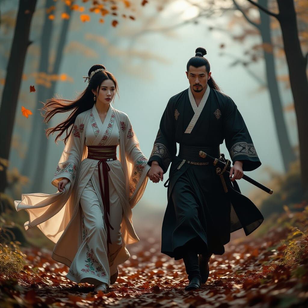 Chinese Couple Escape into Misty Forest, Pre-Raphaelite Styl...