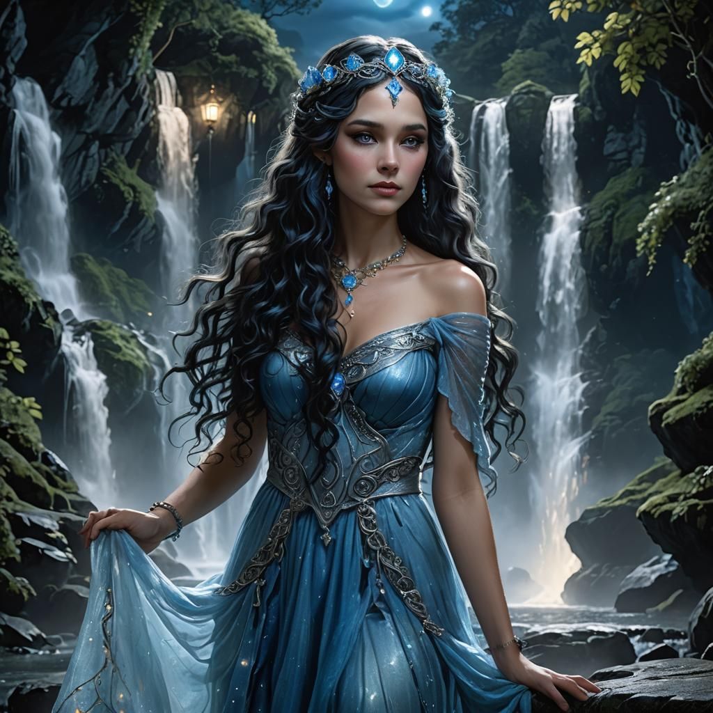 Blue Fairy in Elven Palace Under Moonlight