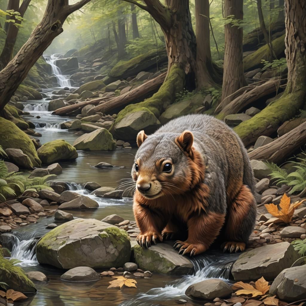 a squirrel-bear hybrid animal. it has the body of a bear and the face and tail of a squirrel. woods with a stream with a...
