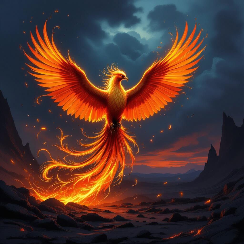 Majestic Phoenix Rises from Ashes in Volcanic Landscape
