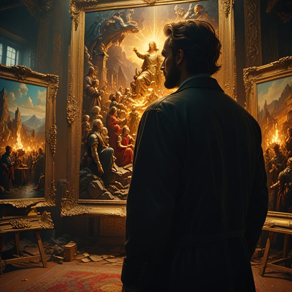 Dramatic Cinematic Painting of Artist's Masterpiece