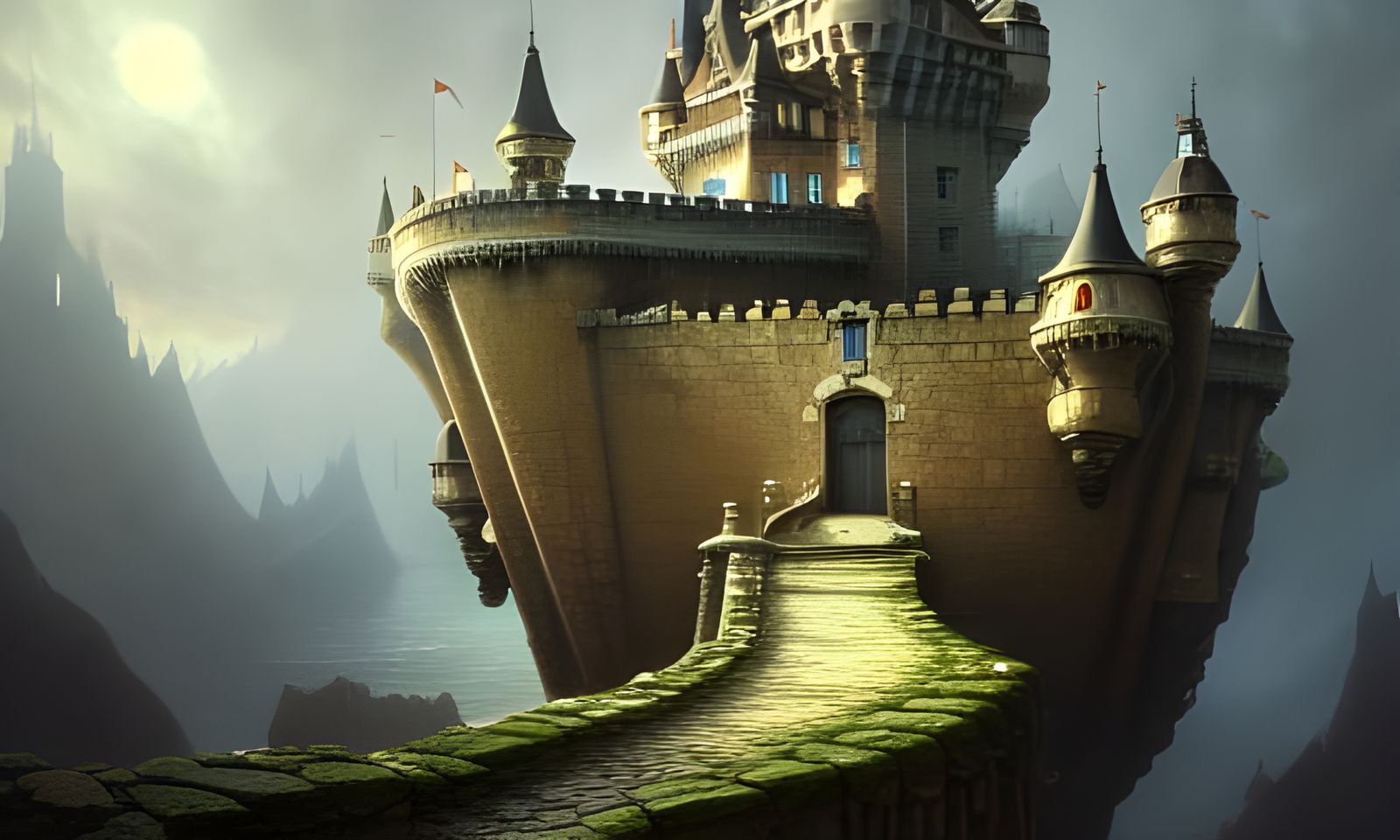 Dark Fantasy Floating Castle in Digital Illustration Style