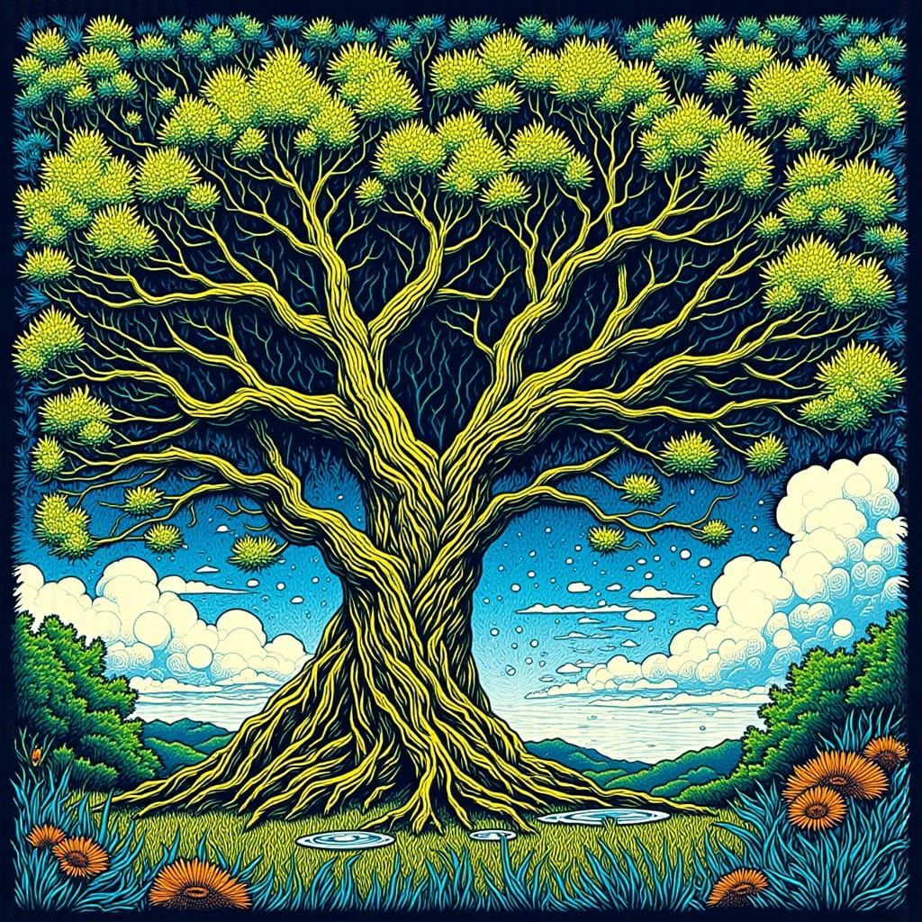 Fantasy Garden Tree in Linocut Style