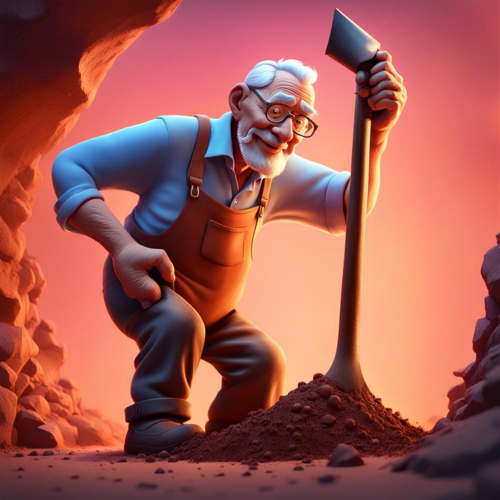 Elderly Man Digging: Pixar-Style 3D Cartoon