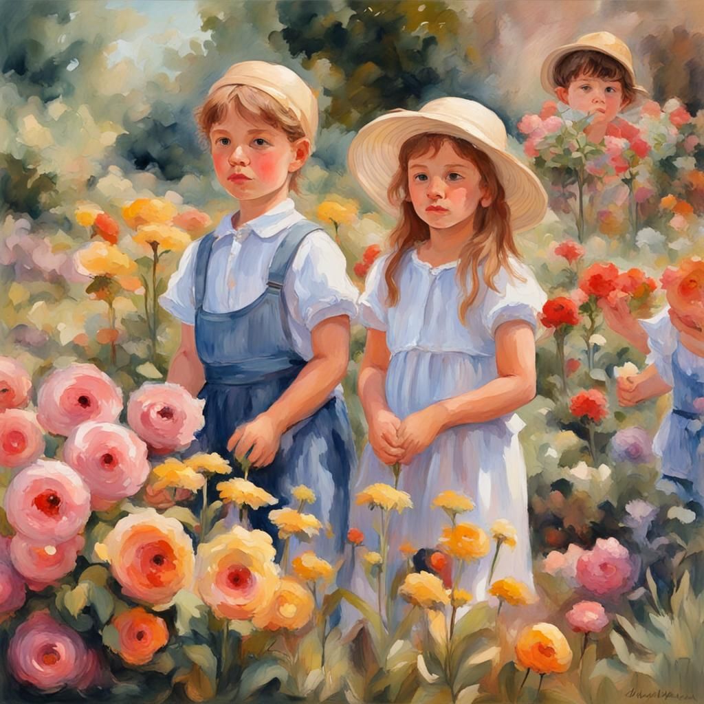 Children in Flower Garden as Gouache Painting