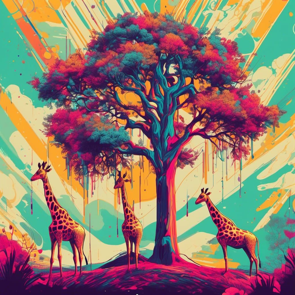Giraffe Eating Leaves in Pop Art Style