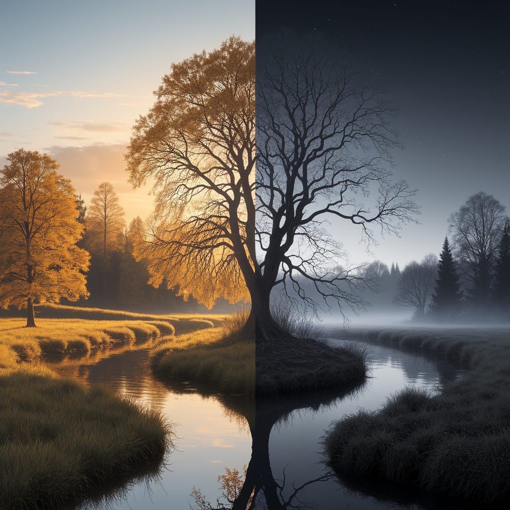 Day and Night Landscape in Gouache