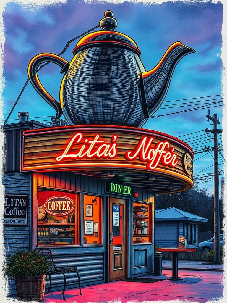 Neon-Lit Diner at Dusk in Giger Shading Style