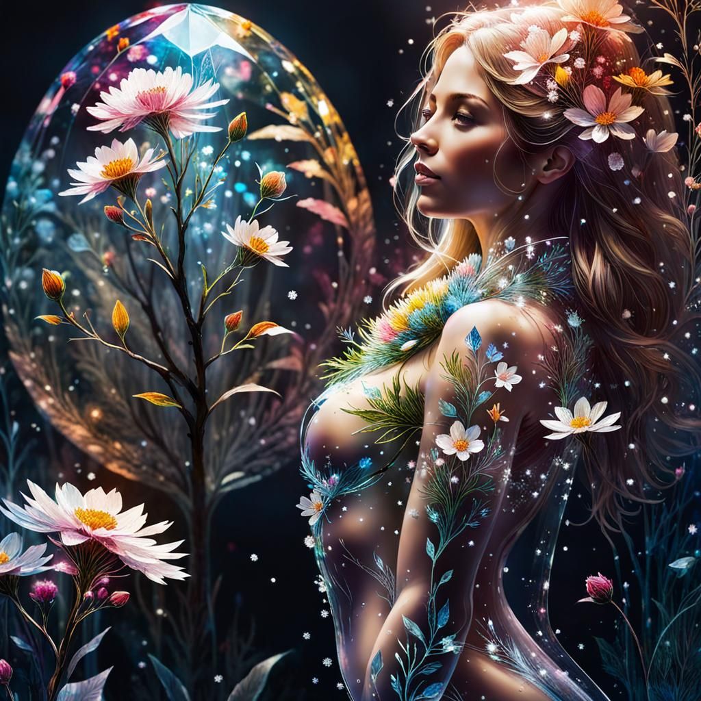 Crystalline Floral Woman in Snowy Landscape