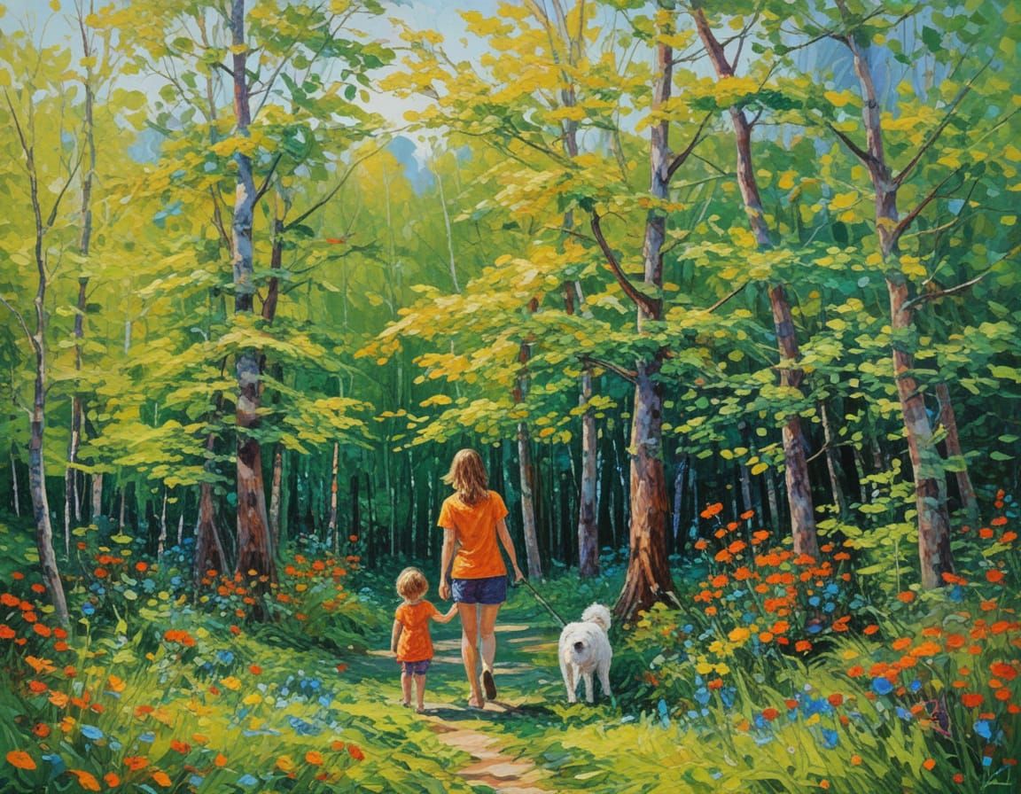 Woman and Child in Forest as Impasto Oil Painting