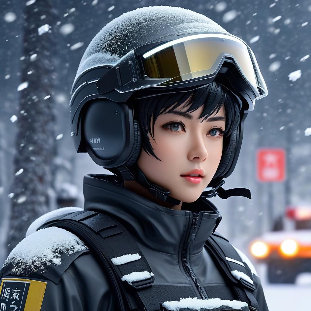 Scifi Soldier Anime Girl in a snow storm...