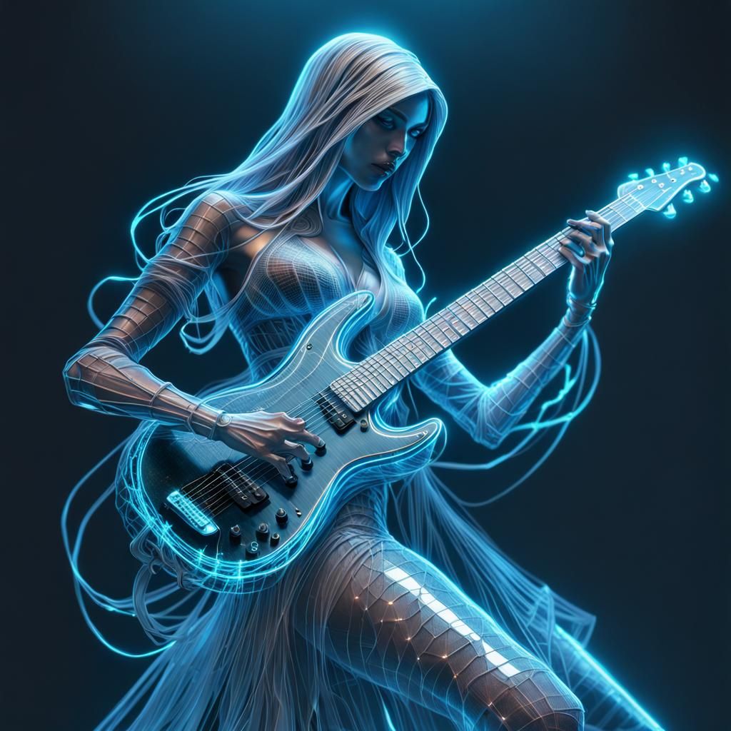 Ghostly Hologram Dancer Plays Electric Guitar in 3D