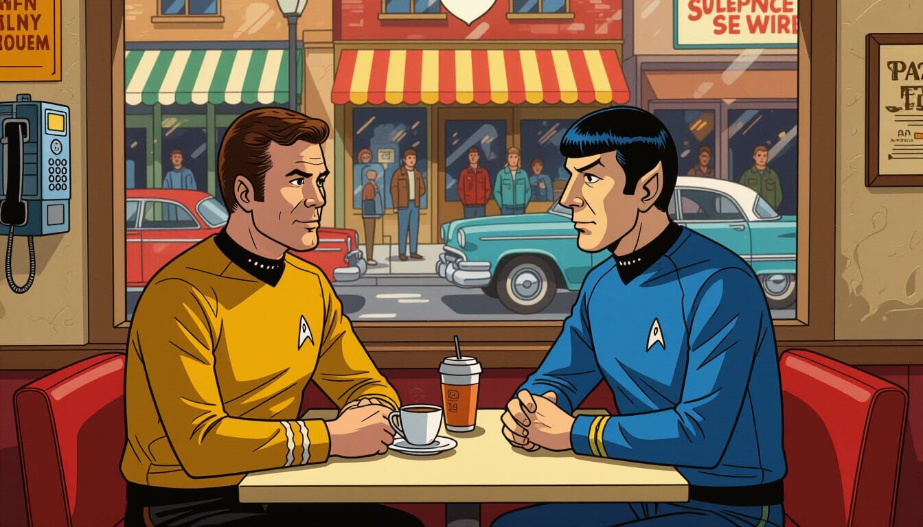 Kirk and Spock in 1990s Cafe, Gritty Cartoon Style