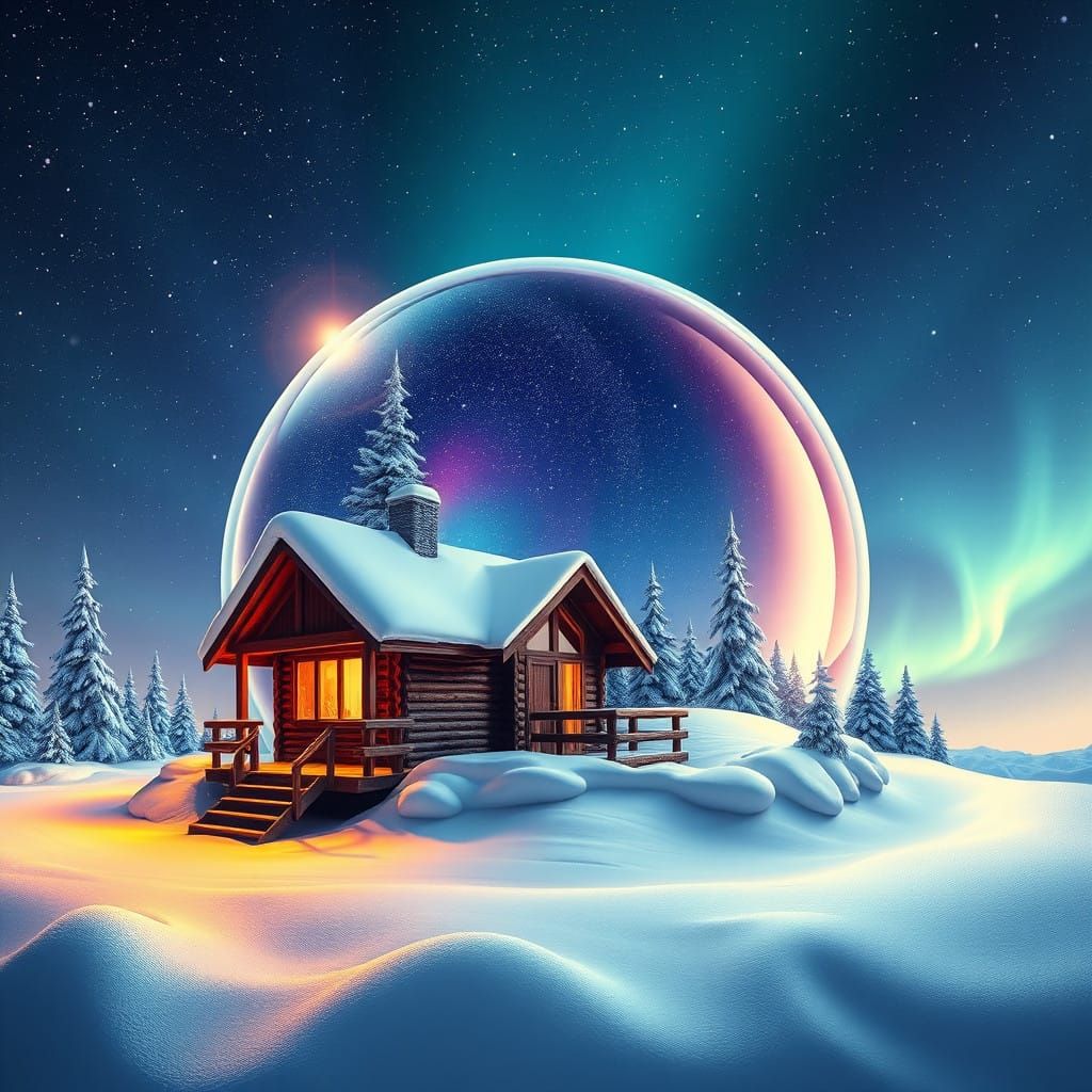 Vibrant Winter Cosmology in a Snowglobe Cabin Scene