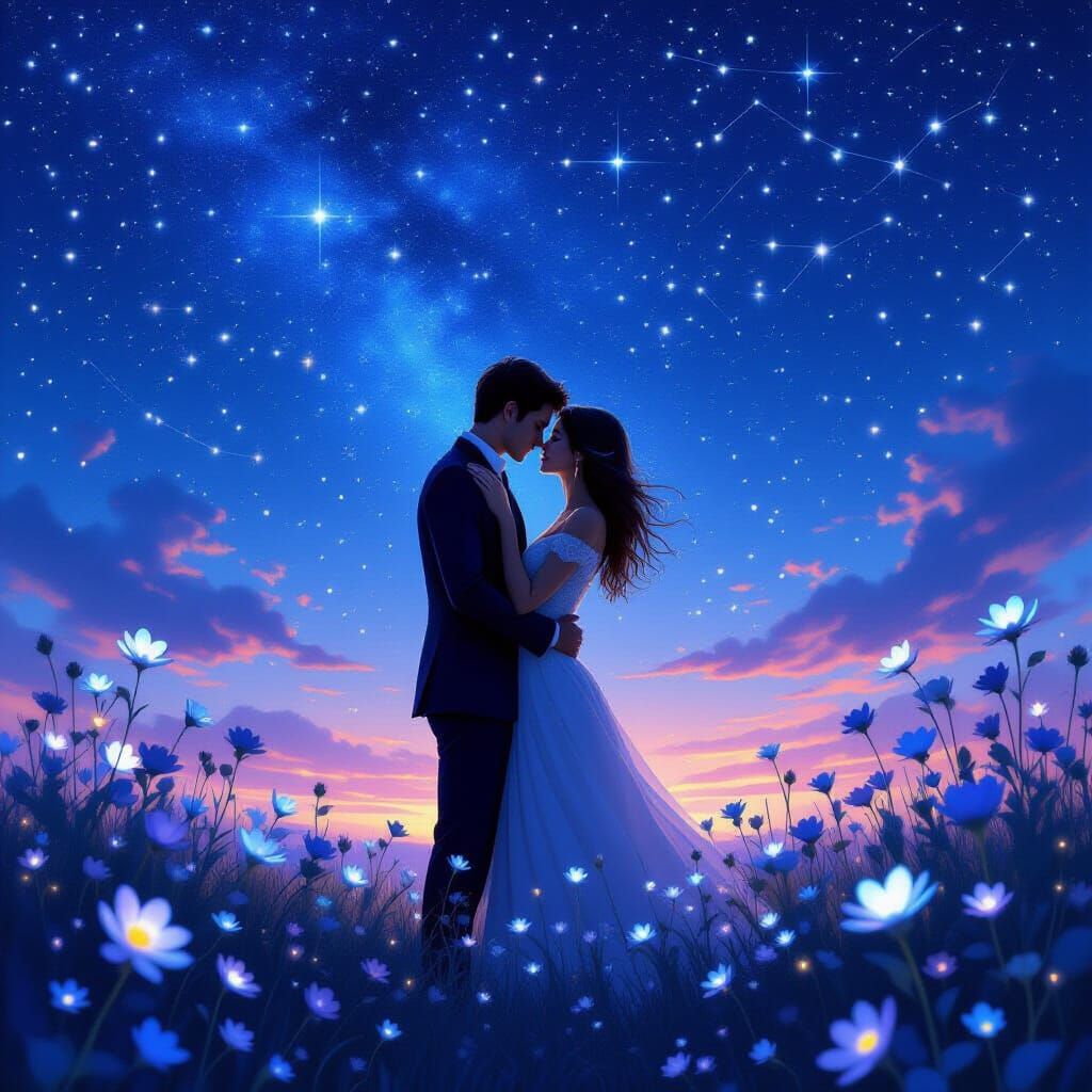 Couple Embraces Under Starry Night Sky with Bioluminescent F...