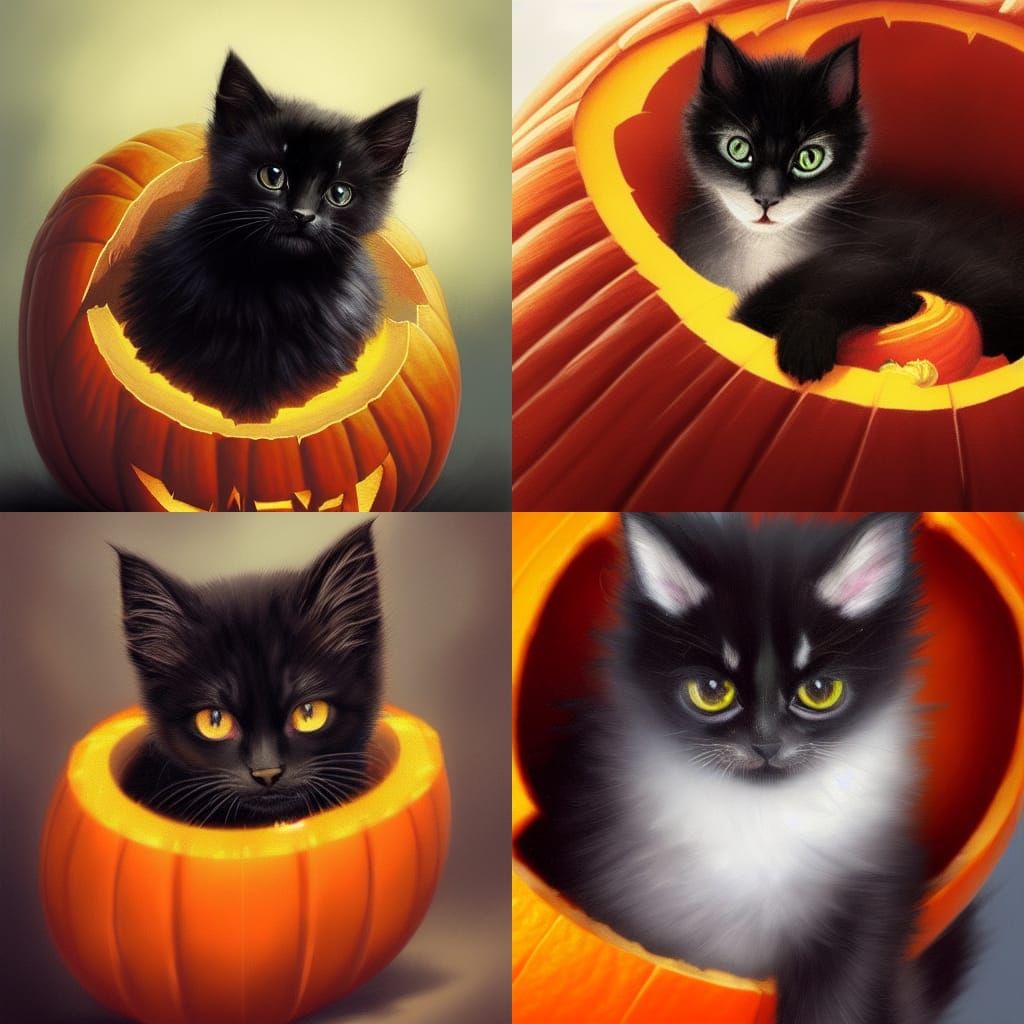Cute Black Kitten in Pumpkin, Digital Art