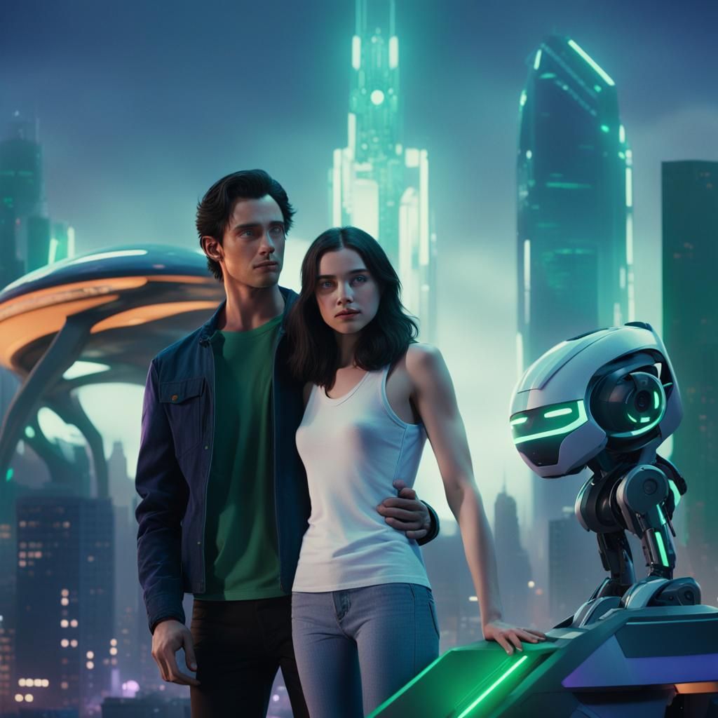 Futuristic Cityscape with Couple and Robot: Cinematic Film S...
