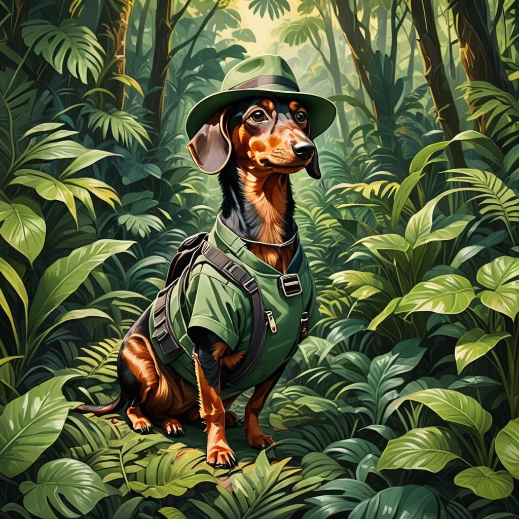 Dachshund's Jungle Adventure in Vibrant Illustration