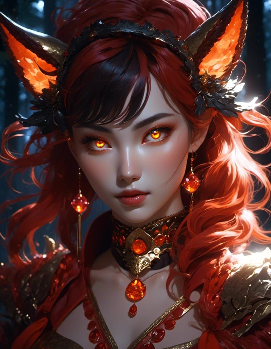 Kitsune Woman Portrait in Anime Realism Style