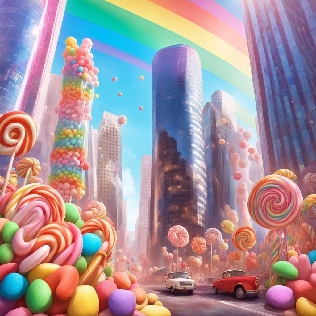 Crazy Candy Skyscrapers in Los Angeles with a dreamy candy rainbow