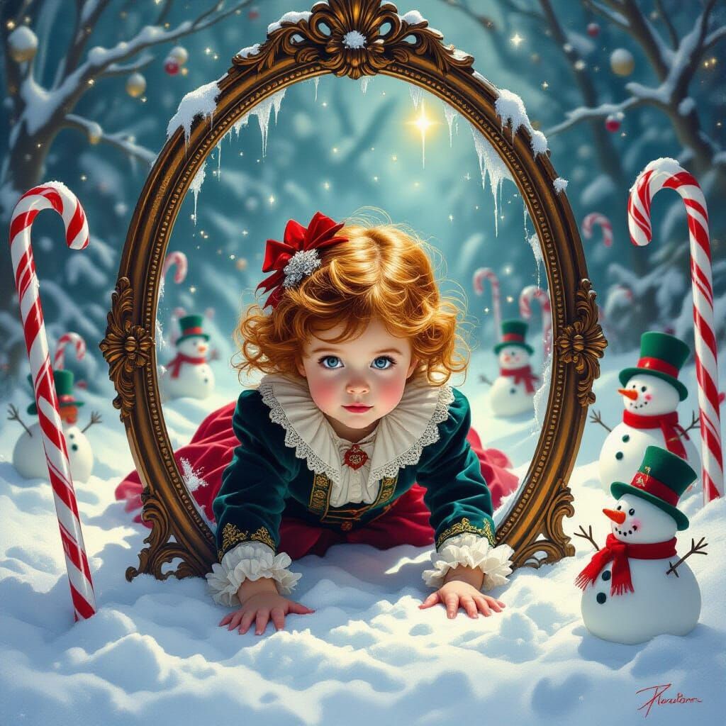 Victorian Child Emerges From Mirror into Magical Winter