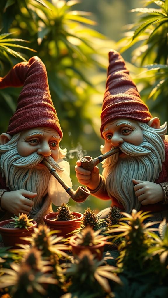 (Garden Gnomes Harvesting Marijuana and smoking their pipes....