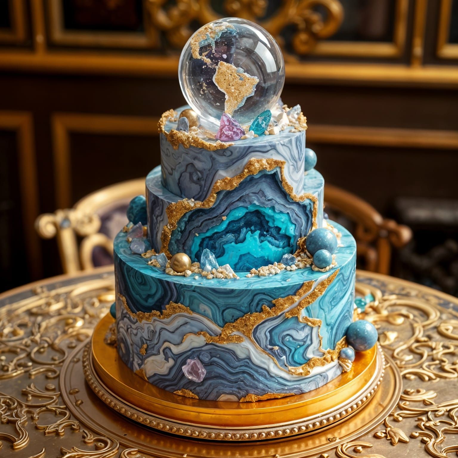 A three tiered fantasy cake made entirely from geodes and the cosmos like crystals. The cake features a celestial color ...