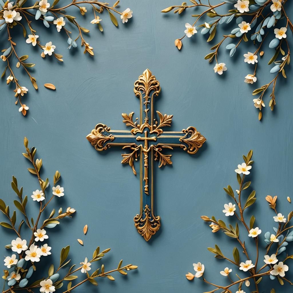 Blue Banner with Antique Cross and Flowers