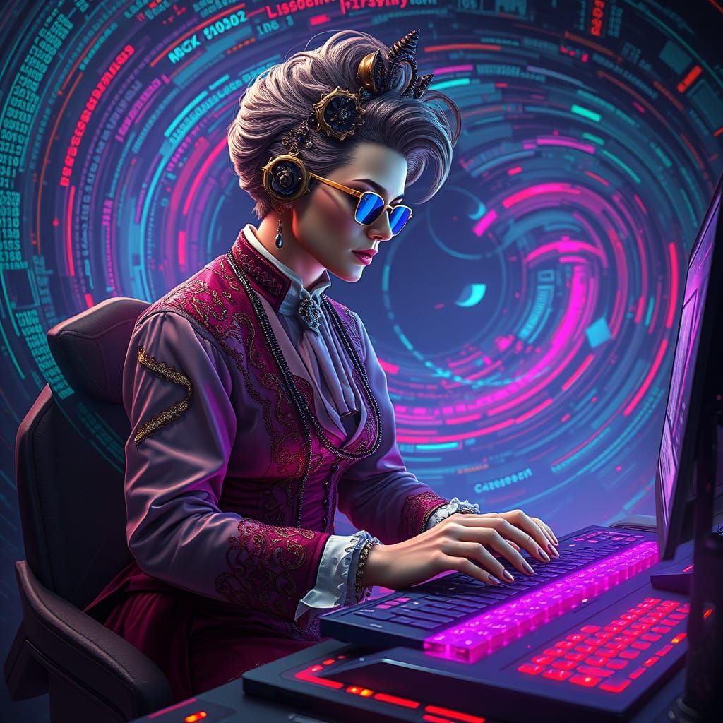 Elegant Cross Dresser Typing in a Dreamlike Cyberpunk World
